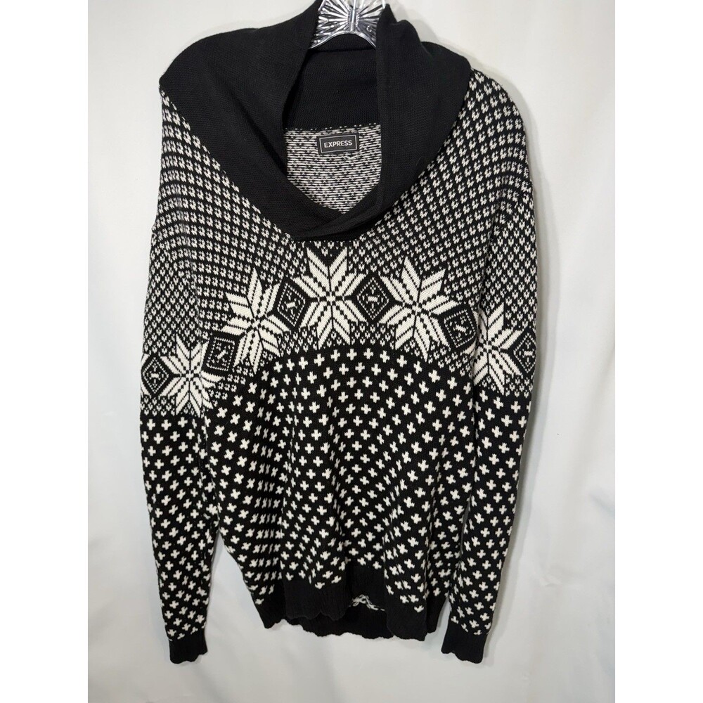 Express Sweater Mens XL Black White Fair Isle Tight Knit Shawl Collar Outdoor